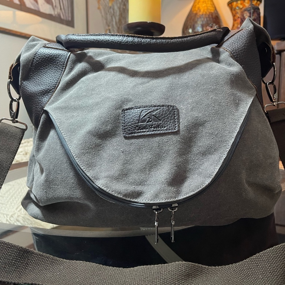 K2 fashion canvas,shoulder bag, gray and leather Crossbody messenger, large hobo - Picture 3 of 10